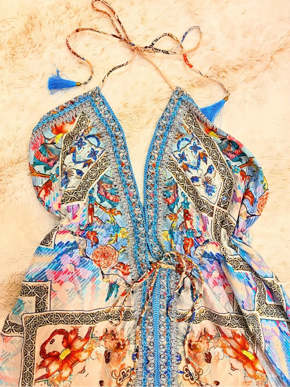 ๐ง๐ผ Y2K Fairycore Sequin Beaded Sakkas Halter Maxi Dress Euro Summer Boho Floral - Picture 4 of 16
